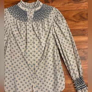 NEW Andion Women’s Amelia Hand Smocked Blue Floral Blouse Small S Bespoke Shirt